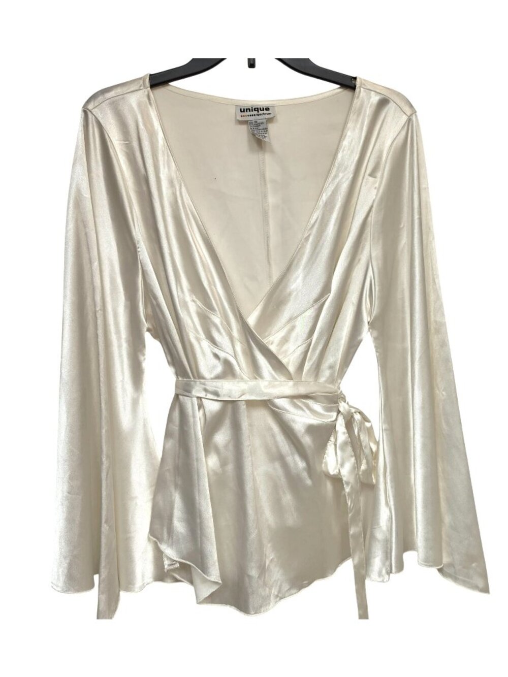 Unique Spectrum Cream Satin Wrap Blouse Womens 1X Bell Sleeve Tie Waist Peplum